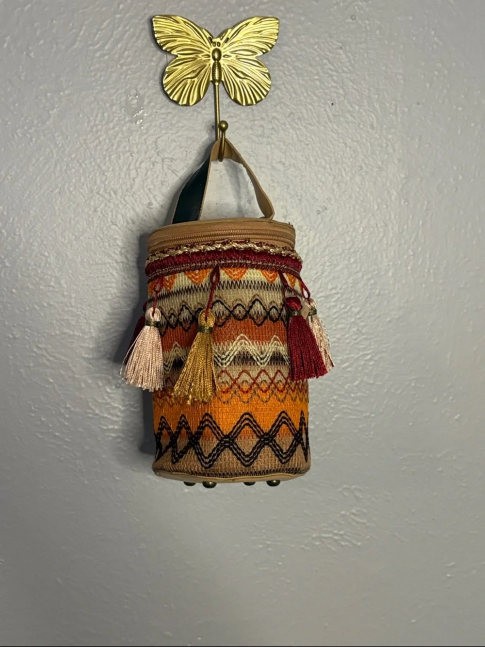 Boho Tassel Fabric Vase Cover in Orange and Red